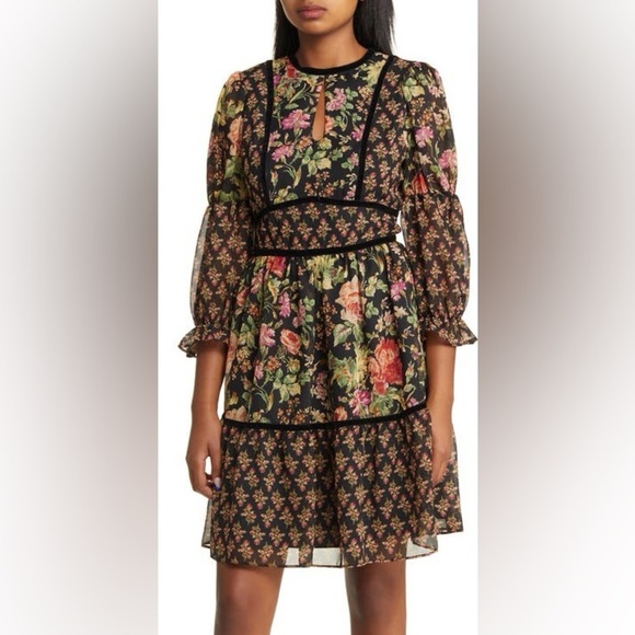 New Tahari ASL Floral Long Sleeve Chiffon Dress Mini Boho Church Spring Sz 4 - Picture 1 of 15